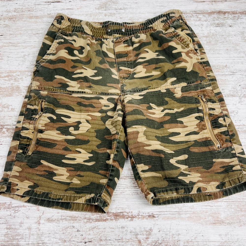 Ring Of Fire Shorts Mens Medium Green Camo Cargo Moto Cotton Elastic Waist
